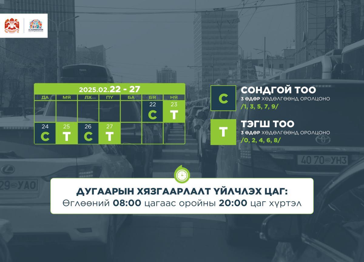 Энэ сарын 22-27-ны өдрүүдэд тээврийн хэрэгслийн улсын дугаарыг тэгш, сондгойгоор ангилан хөдөлгөөнд оролцуулна