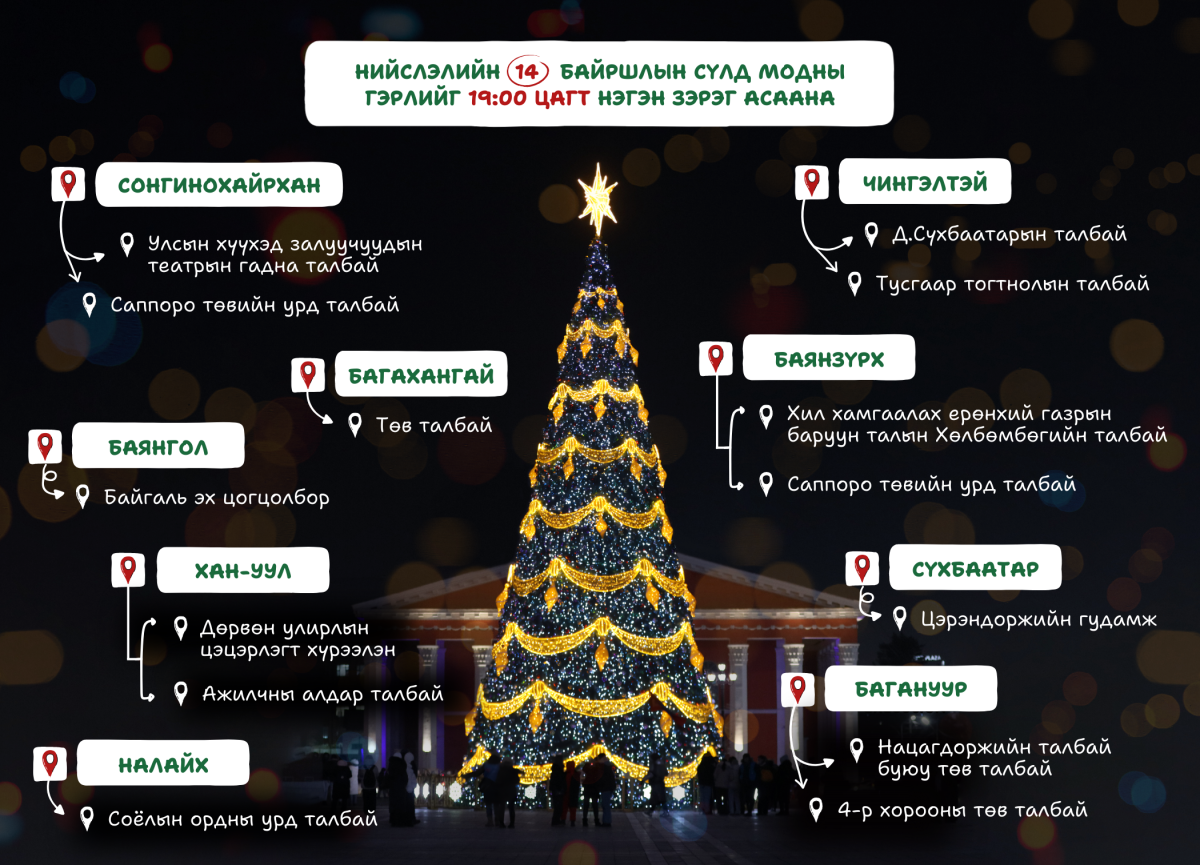 Нийслэлийн дараах цэг байршилд сүлд мод засч, өнөөдөр орой нэгэн зэрэг гэрлийг нь асаахаар төлөвлөжээ