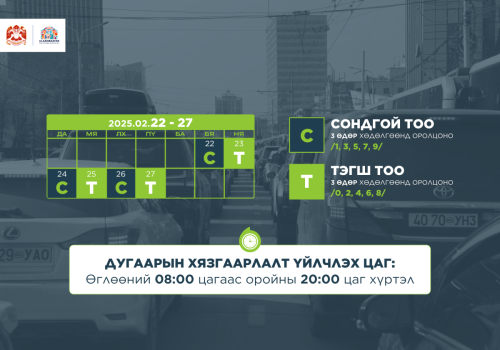 Энэ сарын 22-27-ны өдрүүдэд тээврийн хэрэгслийн улсын дугаарыг тэгш, сондгойгоор ангилан хөдөлгөөнд оролцуулна