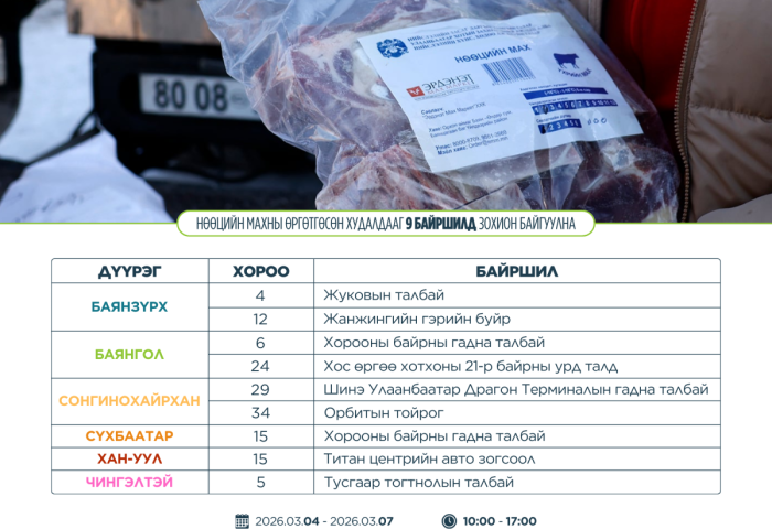 Нөөцийн махны өргөтгөсөн худалдааг 9 байршилд зохион байгуулна