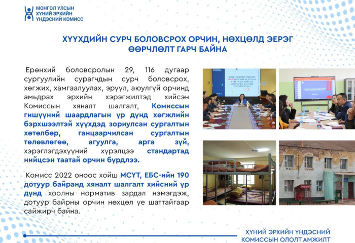 Комисс 2022 оноос хойш МСҮТ, ЕБС-ийн 190 дотуур байранд хяналт шалгалт хийж, зөрчлийг арилгуулан ажиллалаа.