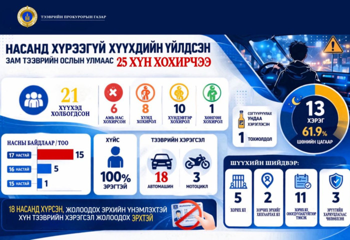 Насанд хүрээгүй хүүхдийн үйлдсэн зам тээврийн ослын улмаас 25 хүн хохирчээ