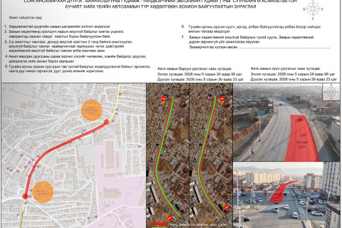 СХД-ийн 7 дугаар хороо, “Тэс Петролиум” ШТС-аас “Жива” маркет хүртэлх авто замын зүүн урсгалыг маргааш хаана