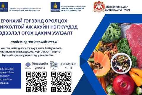 Нийслэлийн боловсролын сургалтын байгууллагын хоол үйлдвэрлэлд нийлүүлэх хүнсний бүтээгдэхүүн нийлүүлэгчийг сонгон шалгаруулах тендерийн өмнөх уулзалт болно